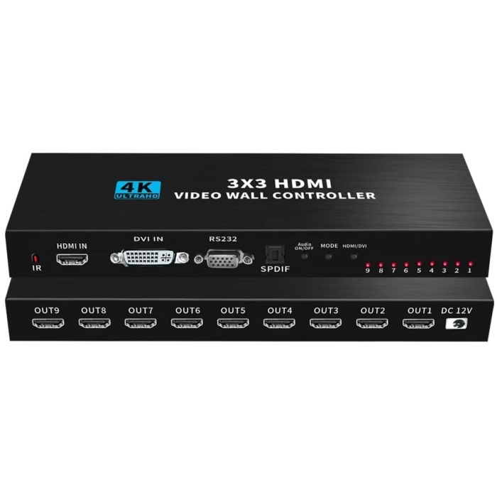 Tobo HDMI Video Wall Processor, Multi Screen Processor, 4K HDMI Video Wall Controller 3X3 4K 30Hz Video Power Adapter 1X9 Screen Support 1-Way HDMI/DVI Input and 9 HDMI Output Splitter Wall TD-1048H